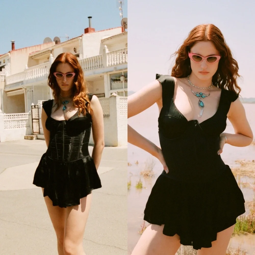 Vanessa Mooney ELISABETH ROMPER DRESS in black satin size XL NEW! New With tags!